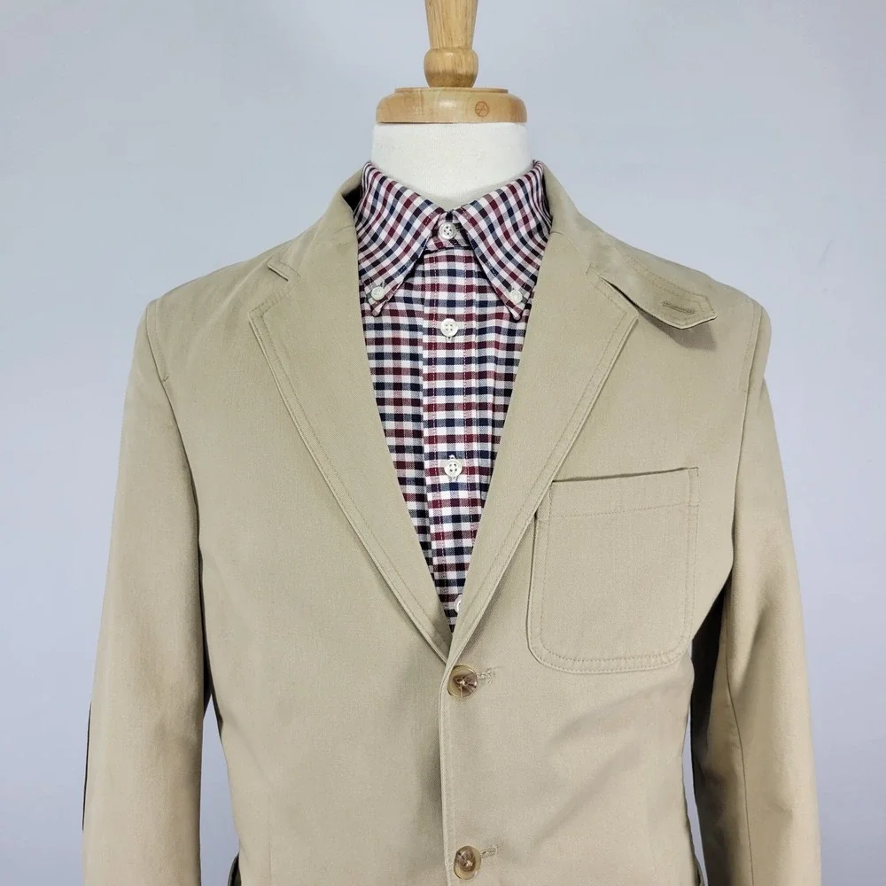 Lands End Mens Sport Coat Blazer Three Button Beige Cotton Surgeon Cuff Size 38R